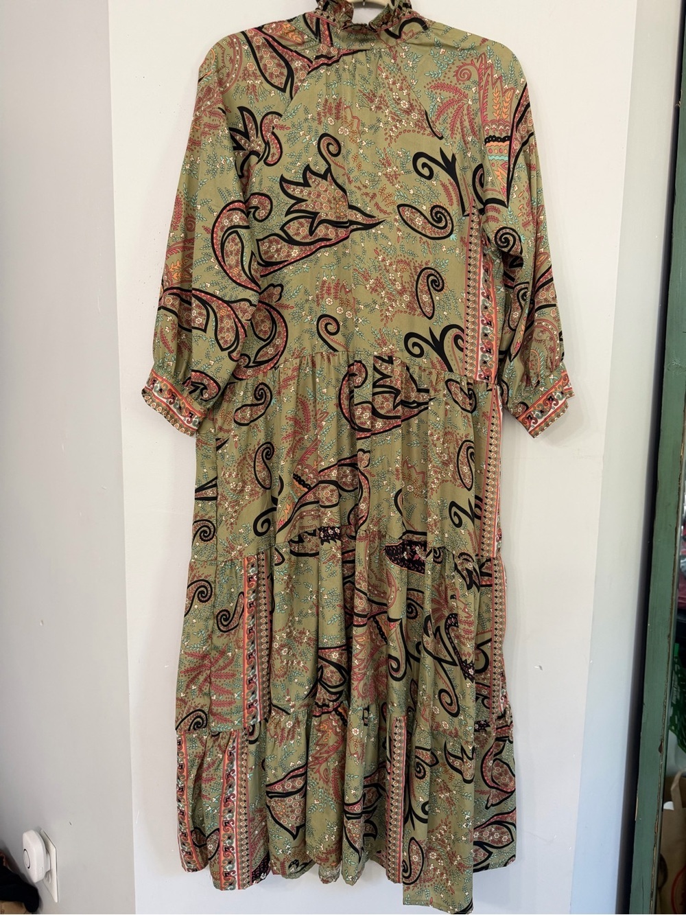 Camille & Co. Women’s Small (but loose!) Olive green paisley ruffle collar maxi - Picture 4 of 7